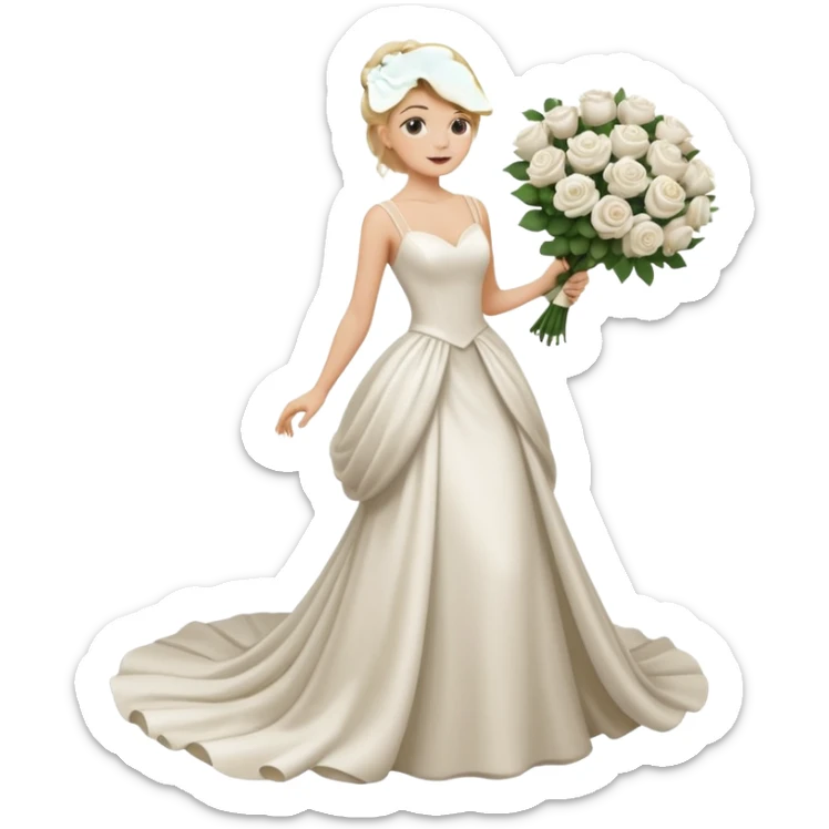 Chica blanca, cabello rubio, recogido en moño alto con mechones, vestido novia , cuerpo entero, ramo de flores en una mano, cola trasera sticker