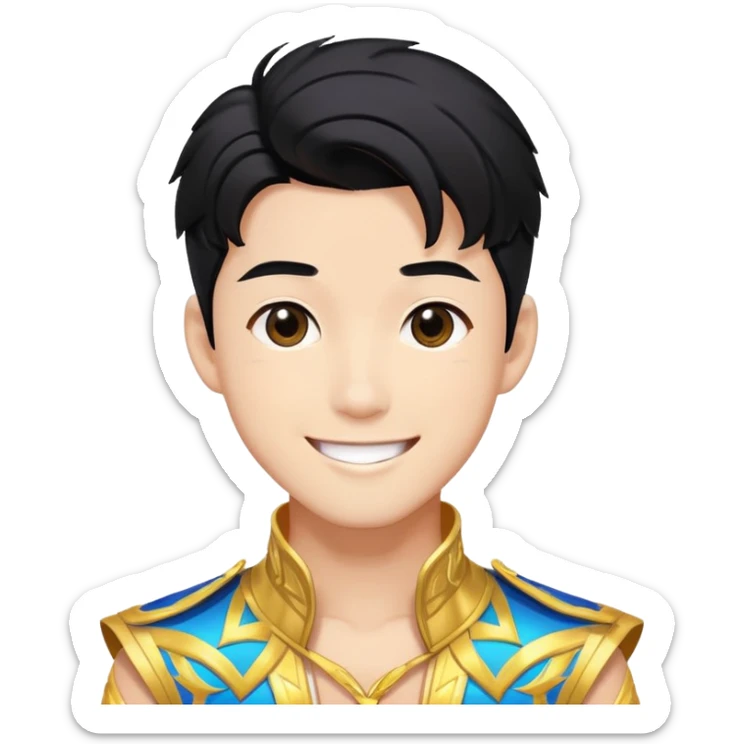 K-pop male idol with black hair, smiling face, wearing flashy stage costume sticker