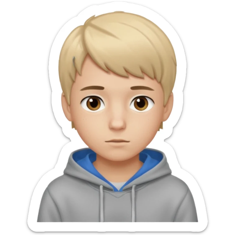 Teen boy with blue eyes mixed with a little Brown eyes and a Grey hoodie who stands up with blond short hair and short bangs sticker