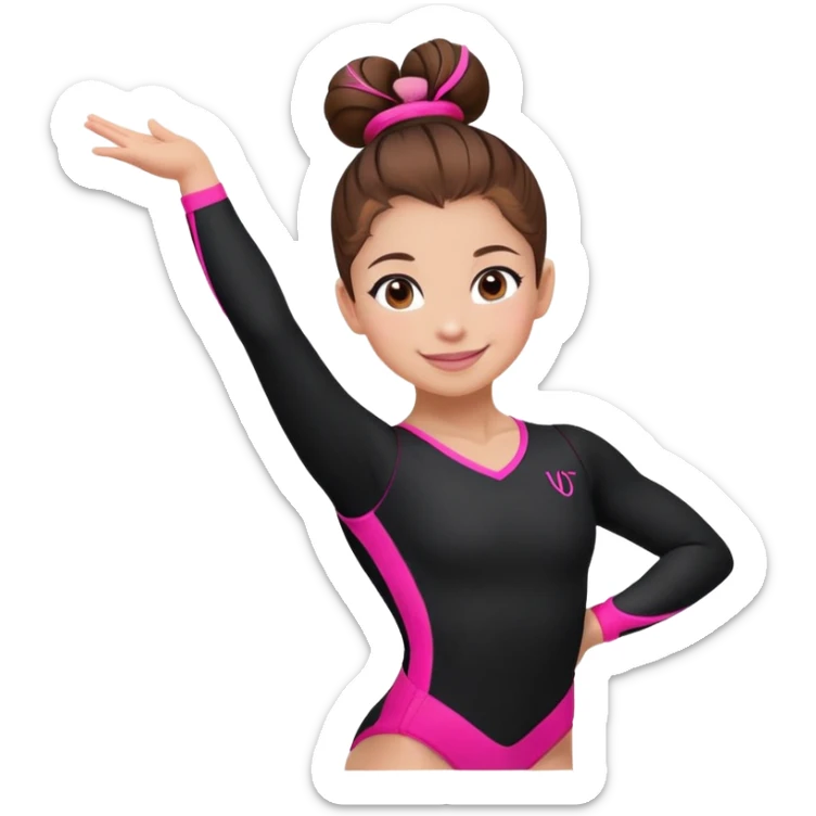 Happy female gymnast with brown hair in a neat bun, wearing a black uniform with neon pink elements. sticker