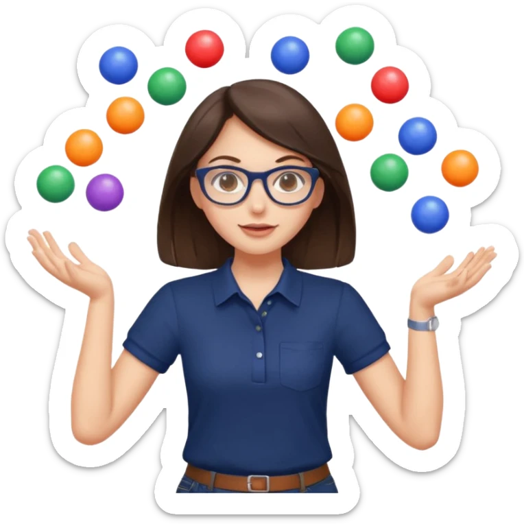 a cute brunette girl in a navy shirt wearing glasses,  juggling multicolored balls with two hands  sticker