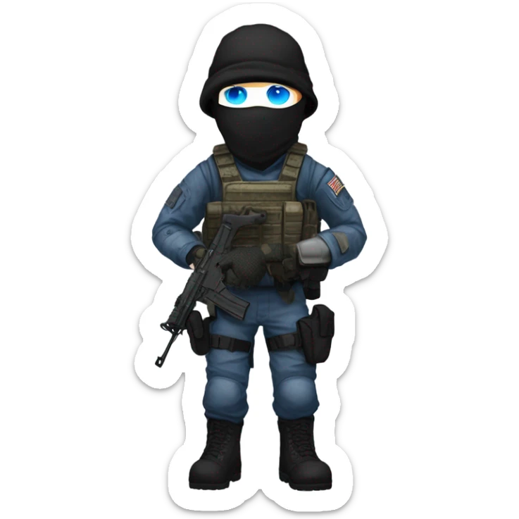 male, pale skin, call of duty face mask, camo tactical gear, combat boots, black beanie, blue eyes sticker