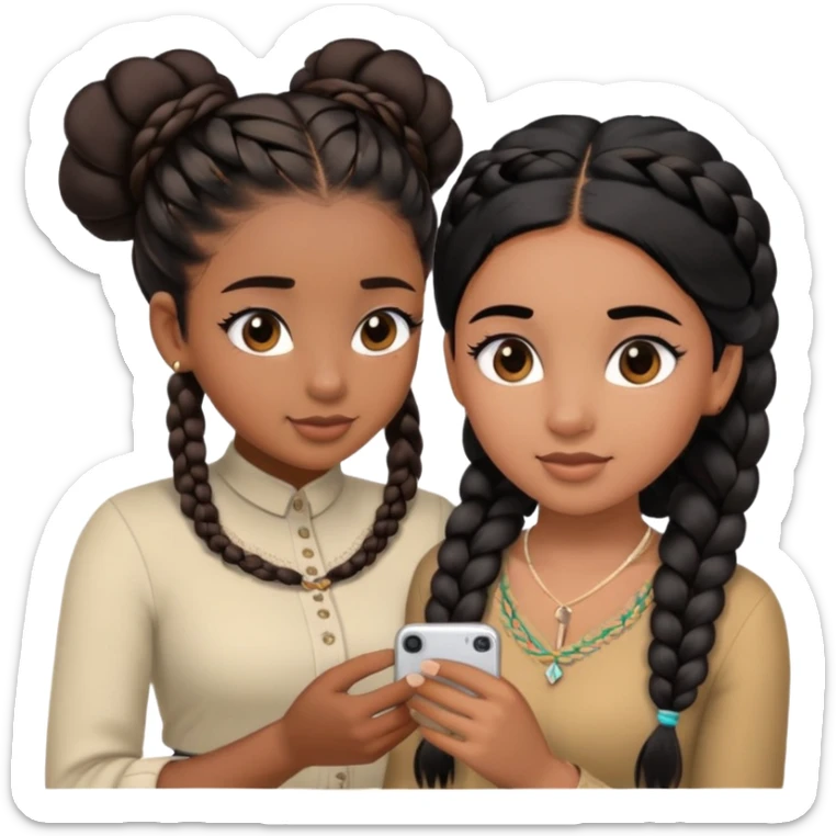 brown skin girl black hair up to chest with long lashes proposing to another brown skin girl long black hair up to waist in two braids sticker