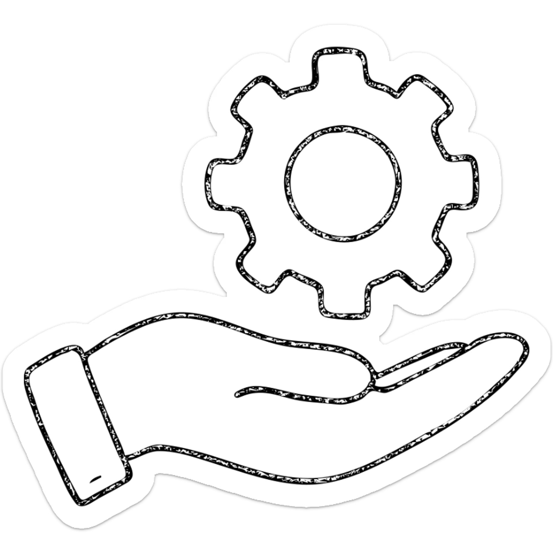 hand drawn outlined hand holding a cog icon sticker