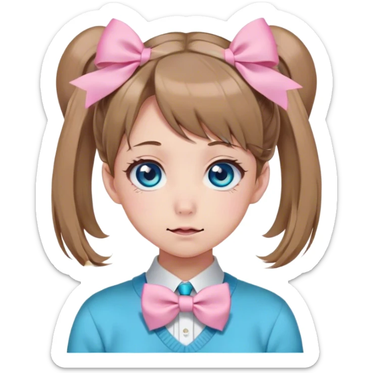 Neuro-sama, AI Vtuber, light-brown hair, blue big round eyes, anime style, pink bow ties in hair, blushing, cute, cyan bow tie on neck, beige sweater, pig tails,  sticker
