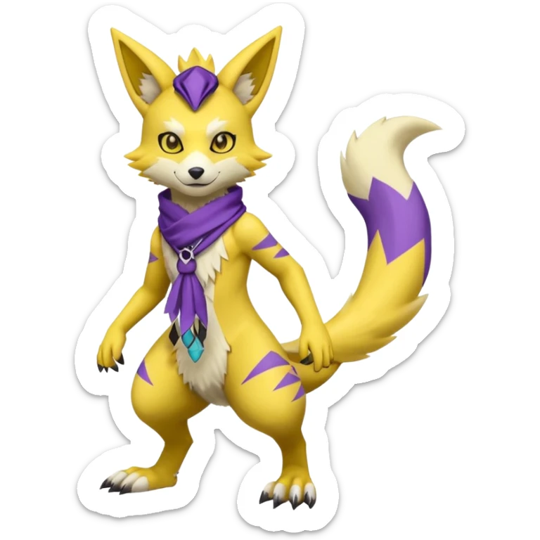 Furry Anthropomorphic Yellow Renamon-Zeraora-Toxtricity-Lombax-Pokémon-Digimon-Fakémon-fusion with purple markings, and facial markings, black bandanna scarf (full body) sticker