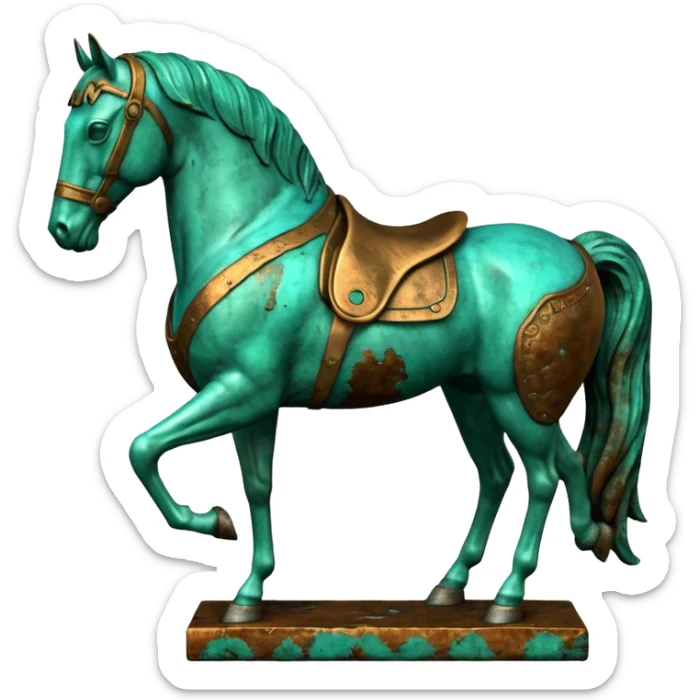 3D render of Bronze Horse Leg, heavily oxidized copper texture, verdigris patina,Fragment of a statue with patina, weathered bronze aesthetic, ancient decay, emoji style, isolated on white background --v 6.0. sticker