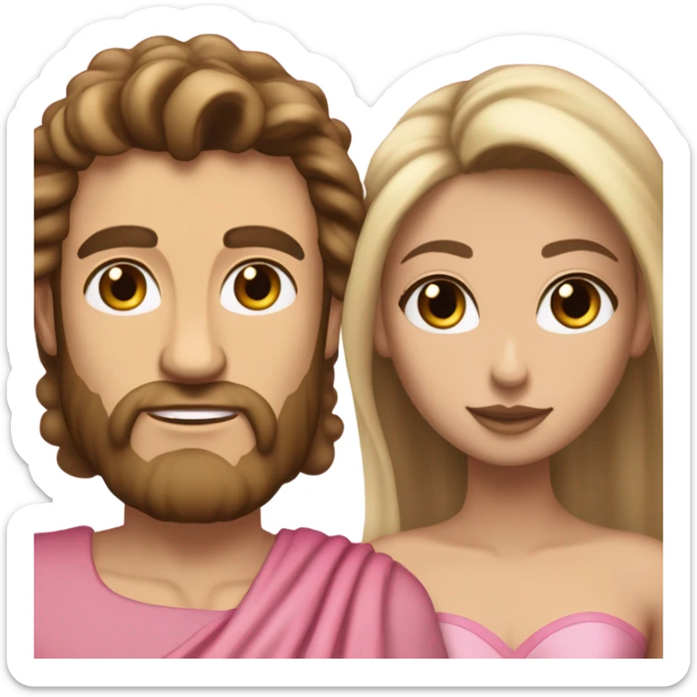 A handsome pale Greek god man who has long brown hair and tanned skin with a pretty black skinny tall model woman who has long voluminous brown & blonde highlights hair  and she is wearing a pink dress and they are a couple sticker
