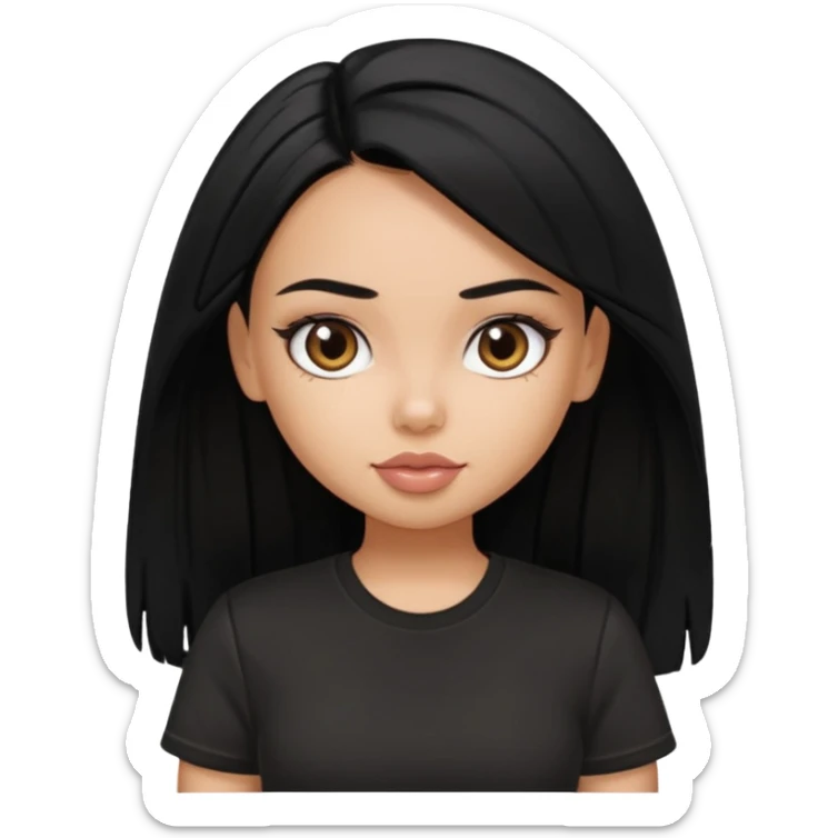 a pretty bratz girl with straight black hair wearing a black tshirt sticker
