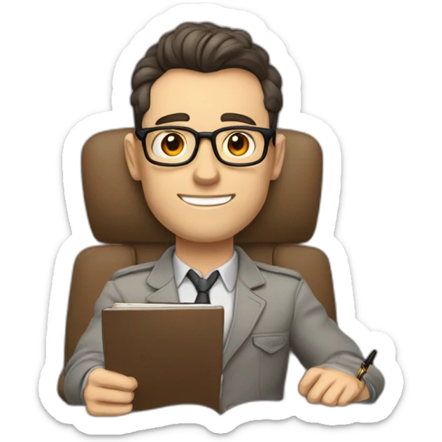 Pale skinned Fit Man With dark brown hair in gray jacket, beige office shirt and vintage glasses sitting In a soft chair with a notebook with emblem Ψ and a pen in his hands sticker