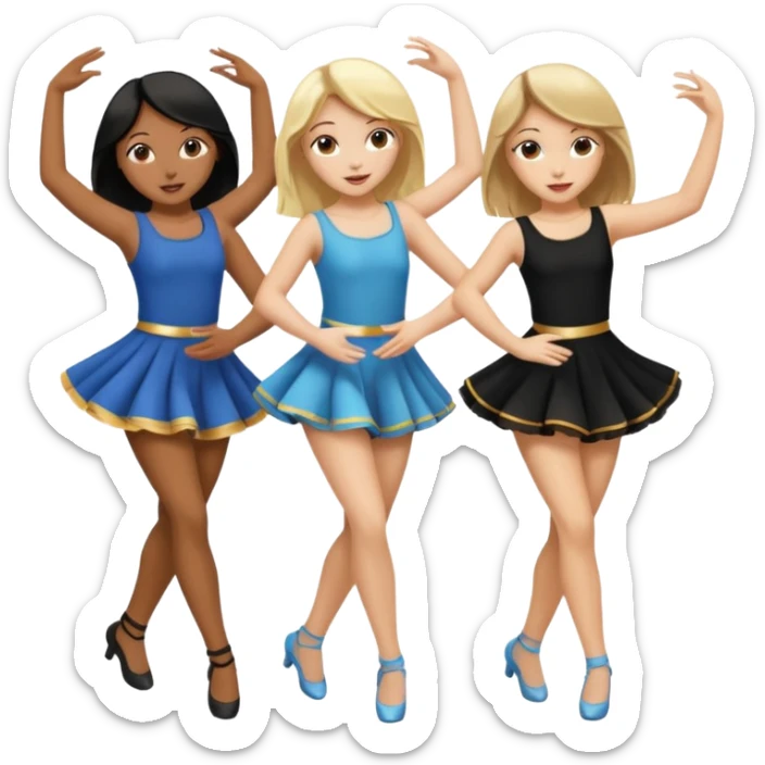 Emoji of 3 Girls dancing ONE with blonde hair, one tan skin with brown hair and one with black  hair ONLY ONE IS BLONDE sticker