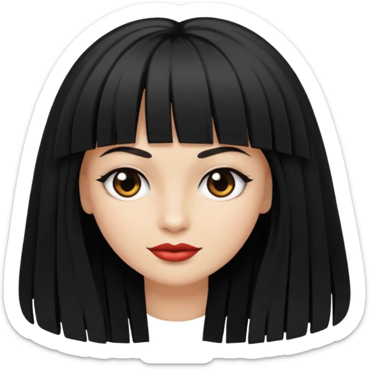 Faça um emoji de uma mulher branca, com cabelo liso preto longo, e com uma franja acima da sombrancelha. sticker