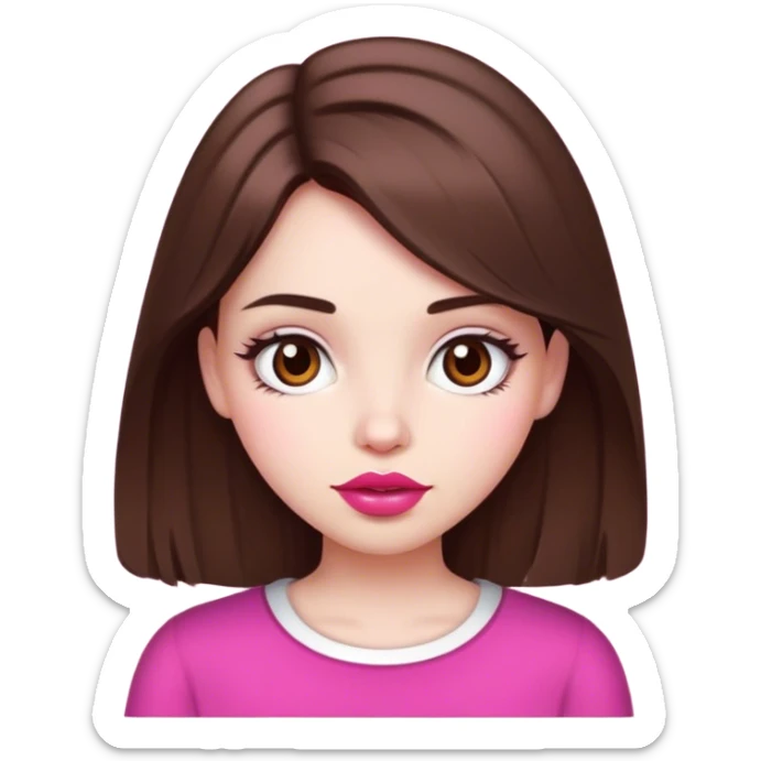 Girl , white skin, Medium-length brown hair, brown eyes, big pink lips sticker