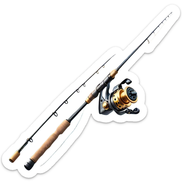 Cinematic Realistic Fishing Rod, sleek graphite rod with a smooth, polished reel, thin line disappearing into a shimmering lake, warm golden sunlight reflecting off the water, glowing with a tranquil and adventurous aura. sticker
