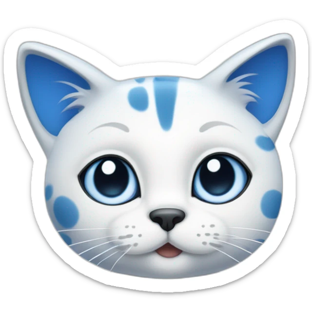 spotted blue and white cartoon cat with a blue right ear, and a spot around the right eye, and the left side is white sticker