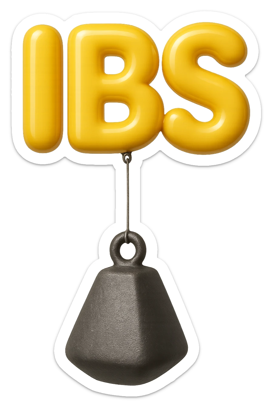 emoji stile iphone della parola "IBS" sospesa in aria con zavorra attaccata sotto che la fa cadere per il peso, iperrealistico 4k sticker