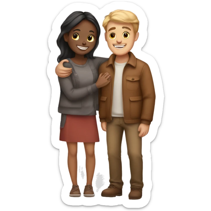 couple hug with warm smiles guy fair skin and girl brown skin sticker