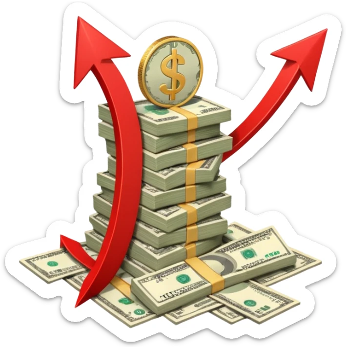 a pile of money with red arrow up with a strategy paper background sticker