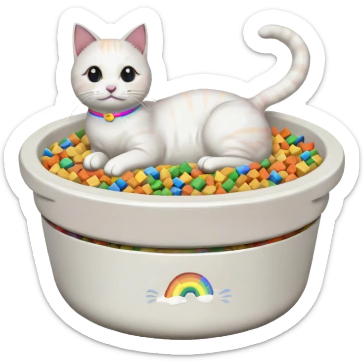 in the style of pixel art, make a cat pet food bowl for a cat. In the bowl is white cat food which is piled so high on top of the bowl. There are small pieces of rainbow food in the bowl too sticker