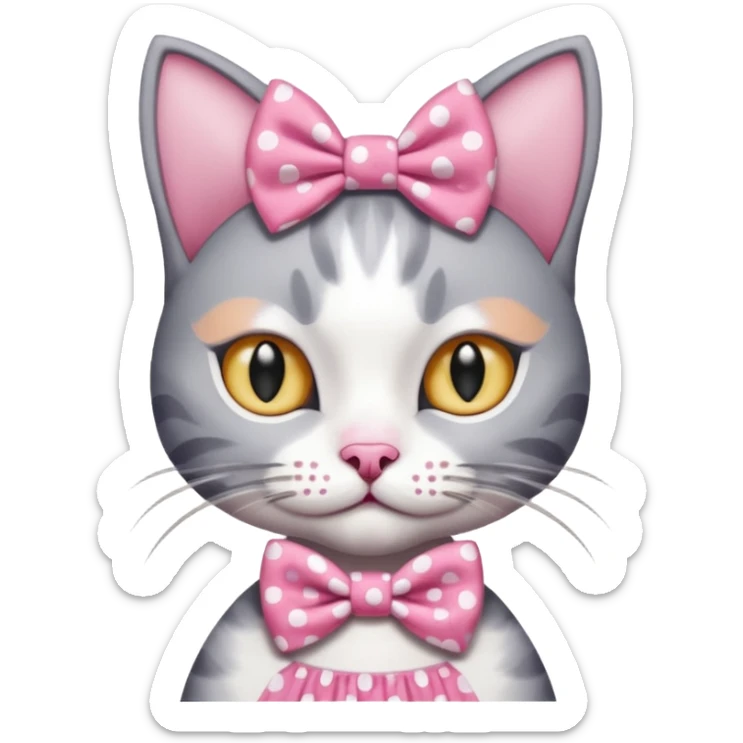 Evil Gray and white evil cat with a pink polka dot dress and with a pink polka dot bow on the Head  sticker