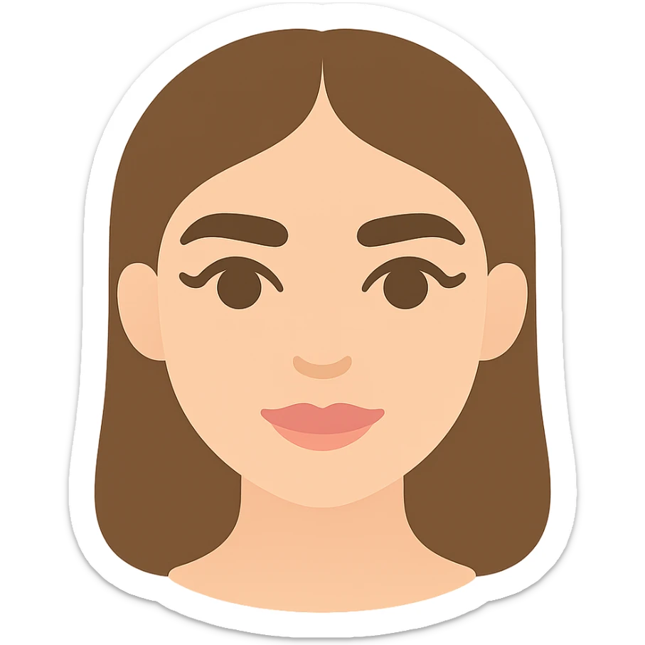 pretty girl with thick eyebrows, straight brown hair and brown eyes, curled eyelashes, color icon sticker