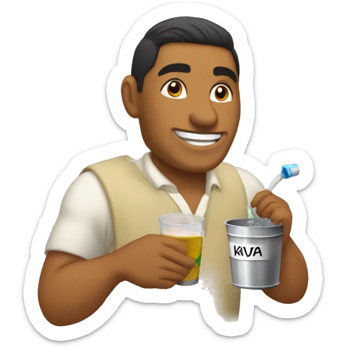 A tongan man with a name tag that says Tavake and he is drinking a bucket of kava sticker