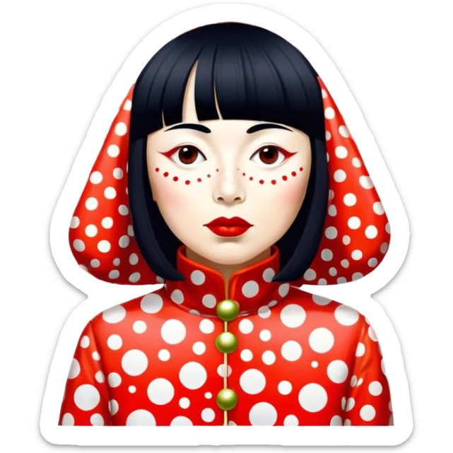 Yayoi Kusama – Cinematic Realistic Portrait of old Japanese artist Yayoi Kusama, depicted as an avant-garde artist with an eccentric, captivating expression surrounded by her iconic polka dot patterns, rendered with vivid textures and imaginative lighting that evokes her unique, surreal creative world. sticker