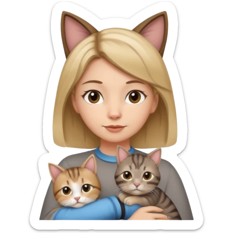 Une femme avec les cheveux dégradée, brun et blond, qui fait un câlin à son chat gris, tigré avec les extrémités que pattes et pointe d’oreilles noires et le dessous du menton blanc sticker