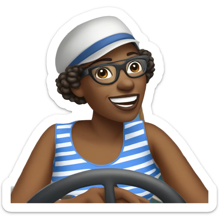 An african american woman at the wheel of a sailboat in a blue and white striped shirt with black glasses and a star on her captain's hat. sticker