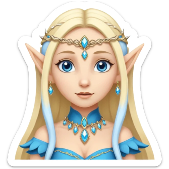 elf princess with pointy ears, white skin, blond hair with jewellery, blue eyes sticker