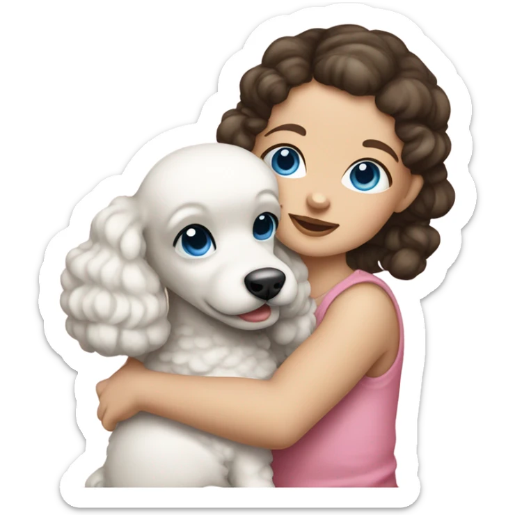 Brunette baby girl with blue eyes, wearing pigtails hugging a baby poodle sticker