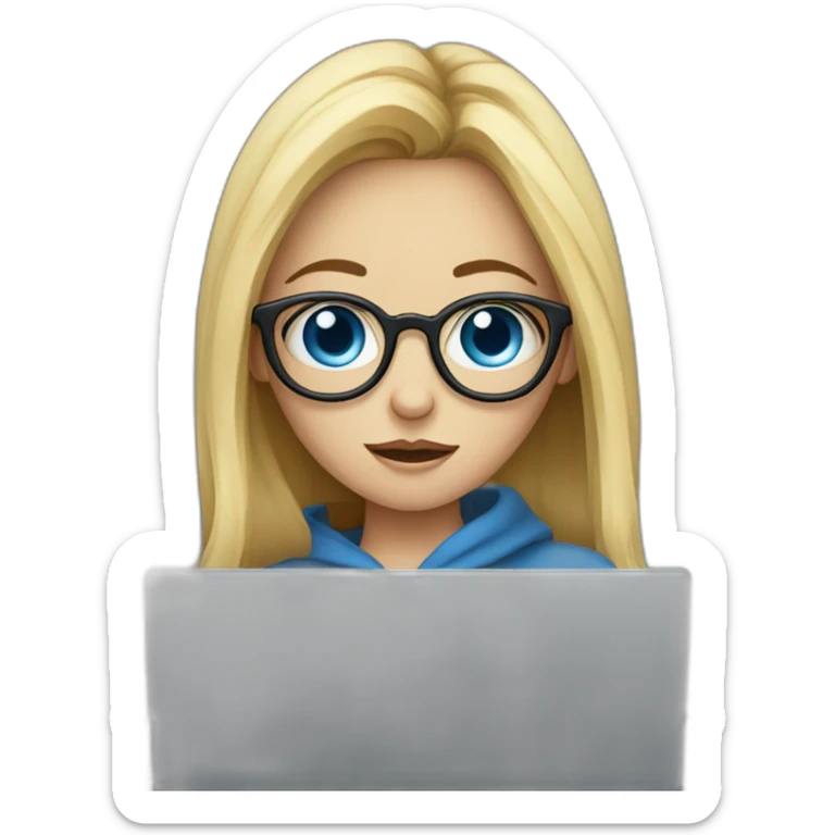 a blue-eyed girl with glasses and a laptop having a bad cold sticker