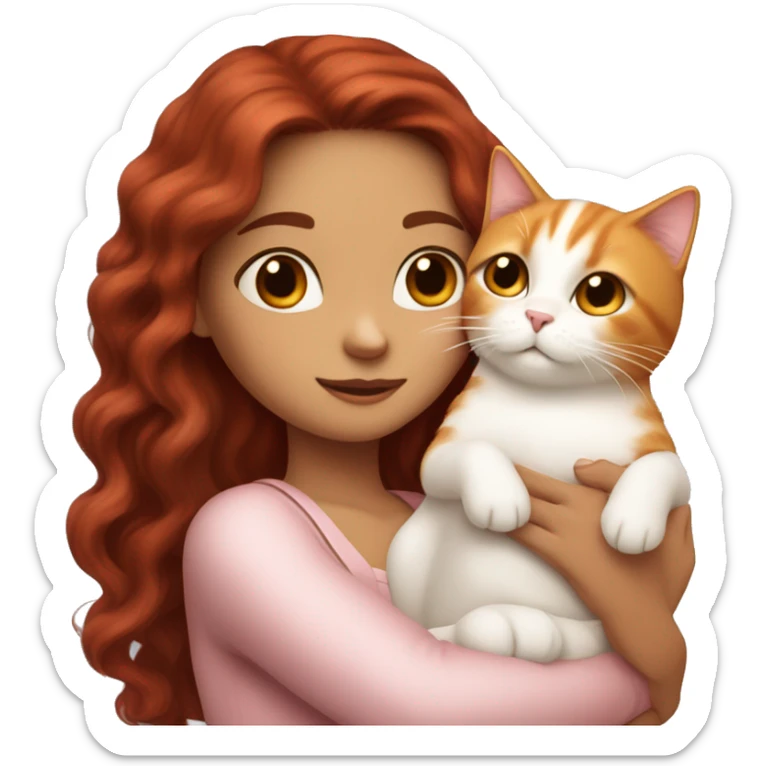 girl with long very dark red wavy hair and dark brown eyes and light pink outfit hugging a white & ginger cat  sticker
