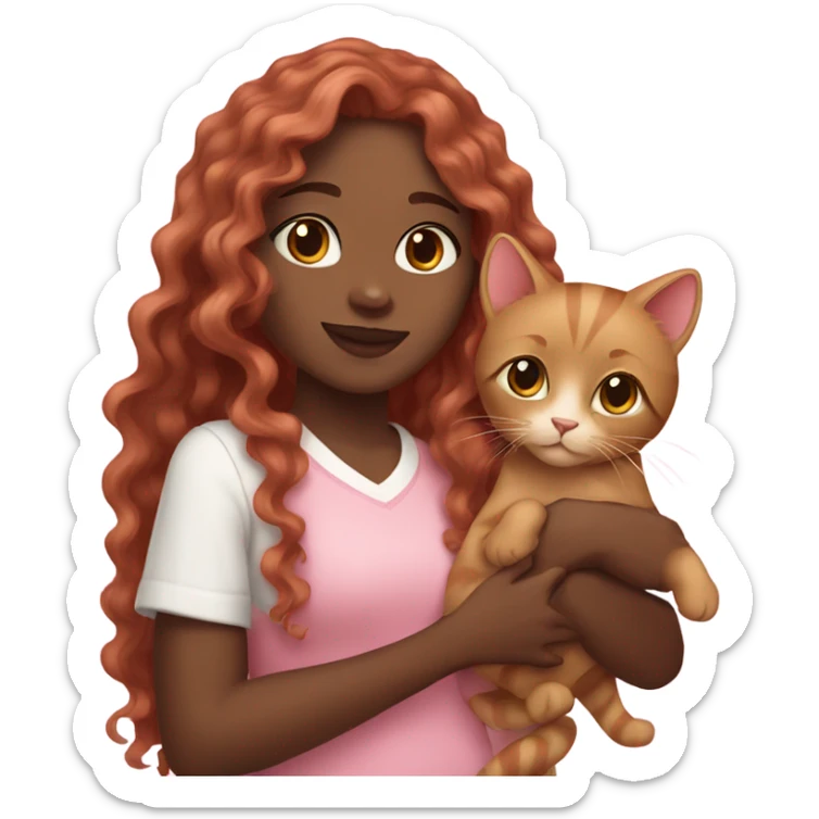 African-American girl with long pink wavy hair, fair skin, holding a brown cat sticker