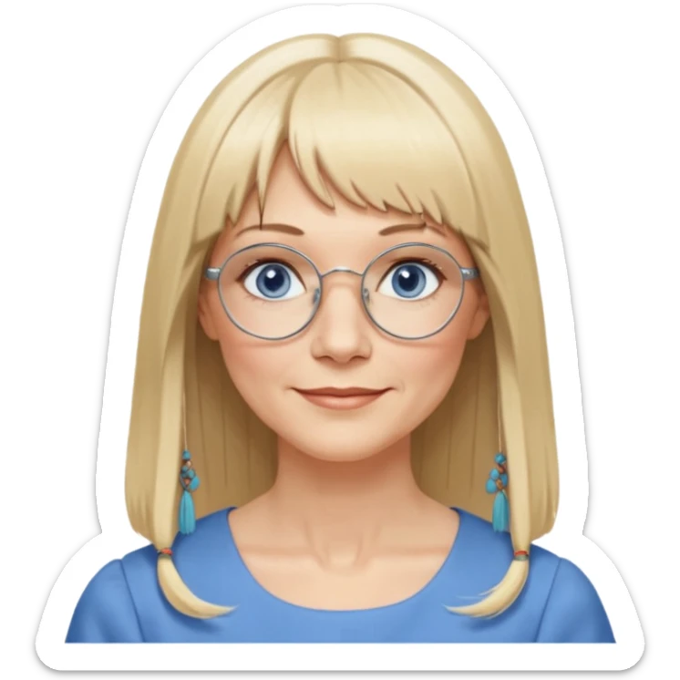 50 yr old white woman, hippie parted very long hair, short bangs, very long straight blond hair, oval face, small smile, blue eyes, thin face, hair downback, hair parted at center of head, round cheeks, pale, longer hair, business dress, long hair, big square glasses, long hair sticker