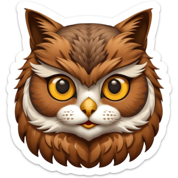 An cats head with a brown on top of the head of the cat the cats head infused with an white owls fulls body with brown wings sticker