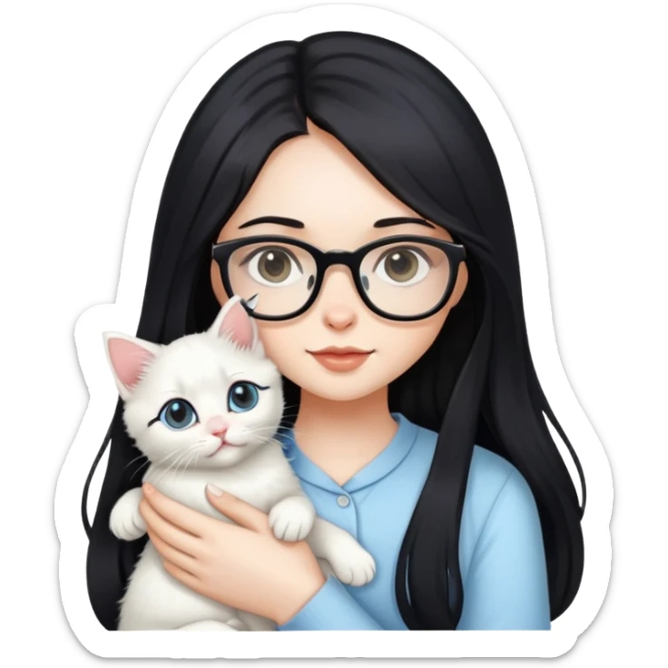 Beautiful girl with long black hair and glasses holding a white kitten sticker
