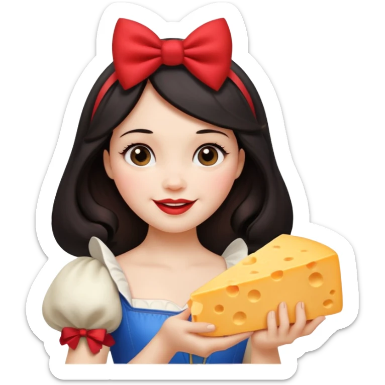 Happy Disney Snow White with red bow in hair and holding triangle wedge of cheese sticker