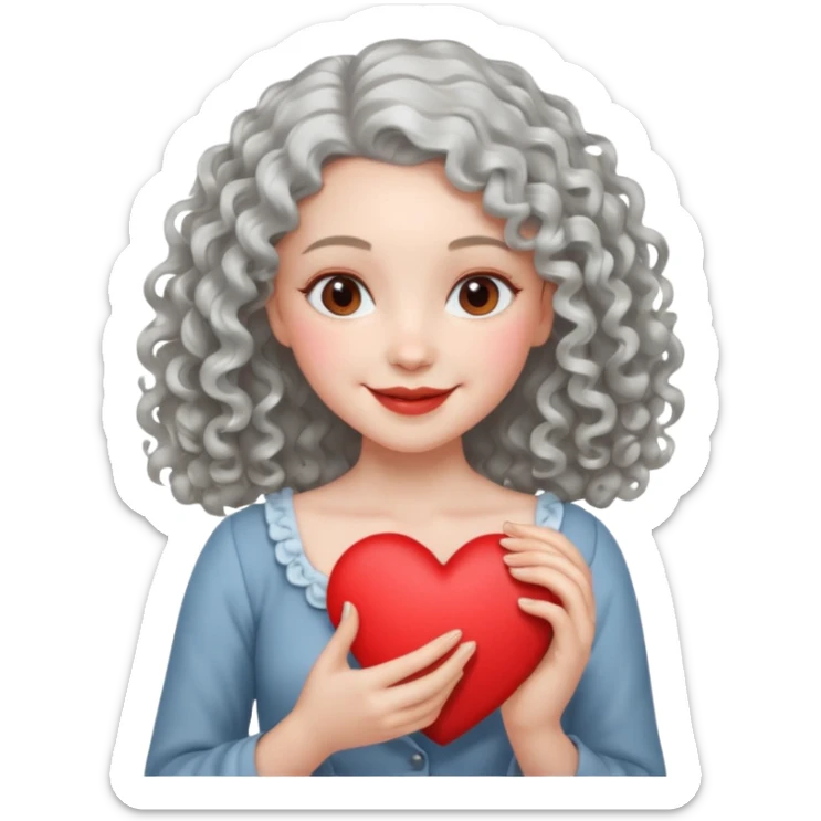 silvery curly/wavy shoulder-length hair smiling lady holding a heart but finer hair sticker