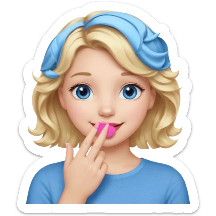 Girl Blonde short wavy hair,  blue eyes, cute blue top, long lashes, pink lips, smiling, hand covering the mouth sticker