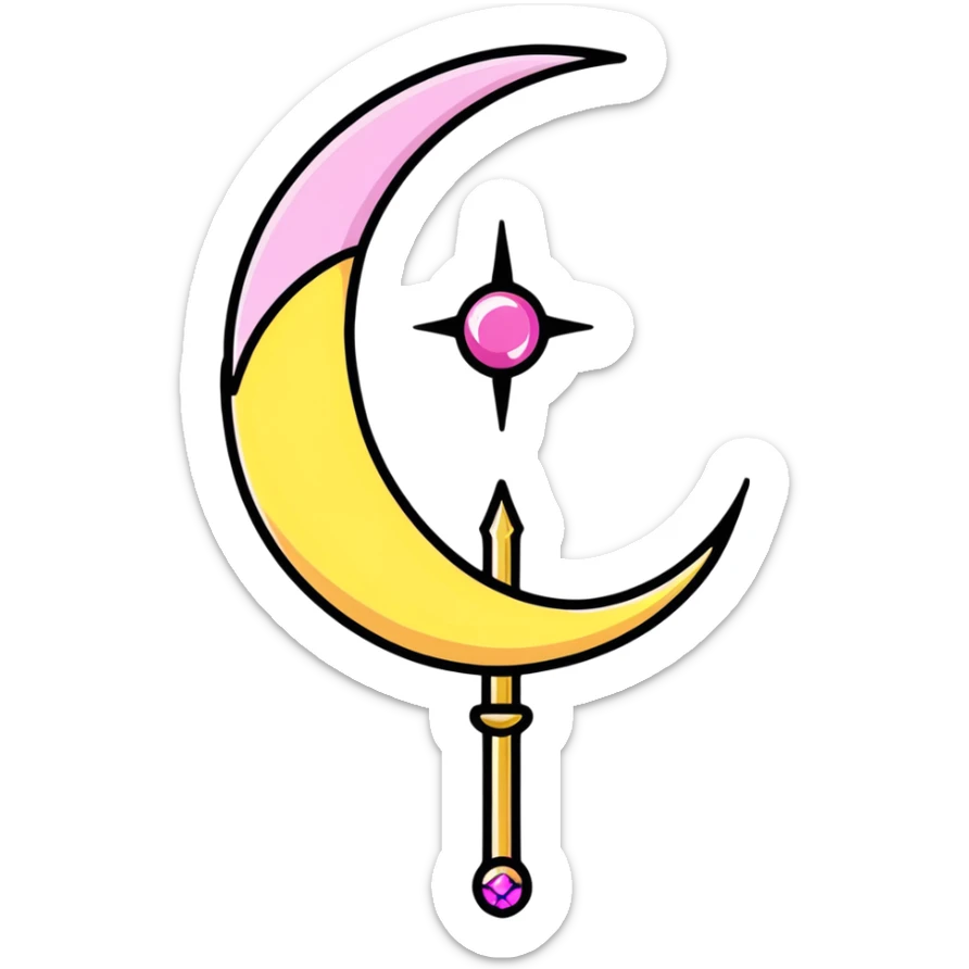 Sailor Moon's Moon Stick magical wand with a golden crescent moon and pink gem, magical anime style sticker