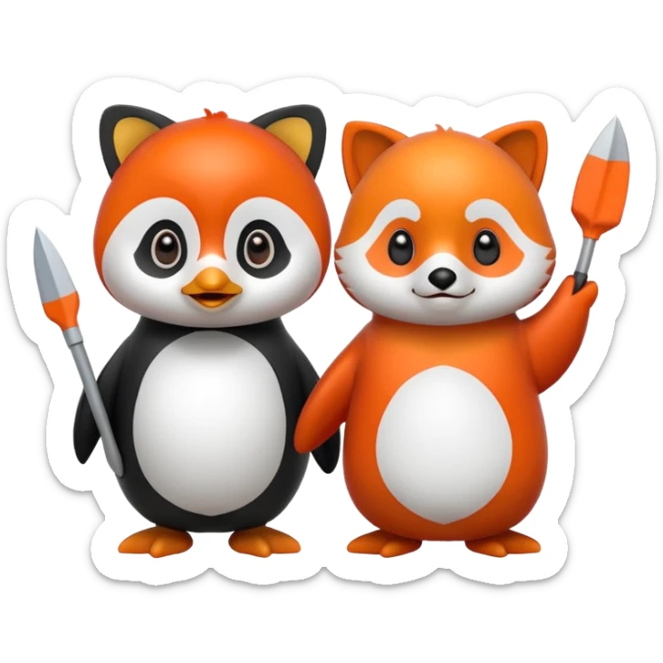 A cartoon  cute cartoon penguin. Next to it is a cartoon red panda holding its flipper  sticker
