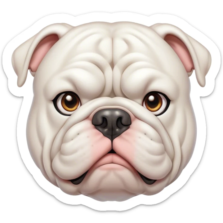 Cinematic Noble White English Bulldog Portrait Emoji, Poised and regal, with a sturdy, muscular build and a pristine, well-groomed pure white coat, deep-set soulful brown eyes, Simplified yet sharp and sophisticated features, highly detailed, glowing with a soft, dignified glow, high shine, intelligent and resolute, stylized with an air of authority, focused and attentive, soft glowing outline, capturing the essence of a watchful and confident guardian, so majestic it feels as though it could lumber out of the screen with effortless authority! sticker