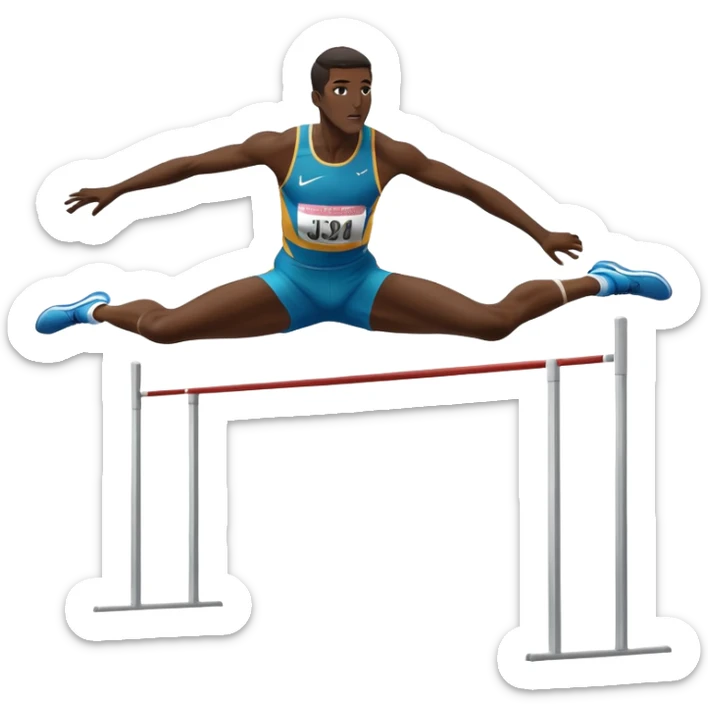 An icon showing a high jumper in mid-air, soaring over a bar in a track and field event. The background features a stadium with cheering fans, bright lights, and a clear blue sky. The athlete’s form captures the grace and power of the jump. Transparent background highlights the dynamic moment sticker