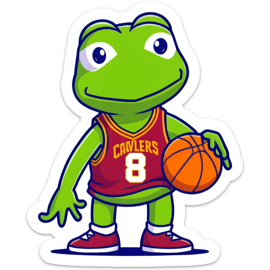 Kermit the Frog wearing a Cleveland Cavaliers #8 basketball jersey, cartoon style sticker