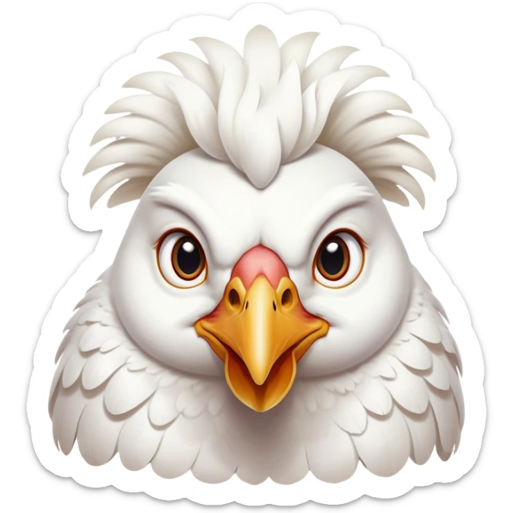 Cinematic Noble White Chicken Portrait Emoji, Poised and regal, with a compact, sturdy build and a pristine, well-groomed pure white plumage, deep-set soulful beady eyes, Simplified yet sharp and sophisticated features, highly detailed, glowing with a soft, dignified glow, high shine, intelligent and alert, stylized with an air of barnyard elegance, focused and attentive, soft glowing outline, capturing the essence of a watchful and confident fowl, so majestic it feels as though it could strut out of the screen with effortless authority! sticker