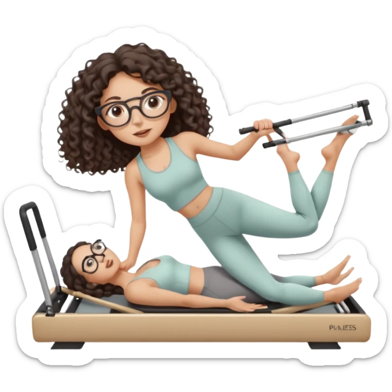 Memoji-style girl with long dark brown curly hair, round glasses, large brown eyes, soft rounded face,makeup, warm beige skin tone, wearing Pilates activewear performing Pilates and reformer Pilates exercises on a reformer machine, pastel color palette, smooth soft shading sticker