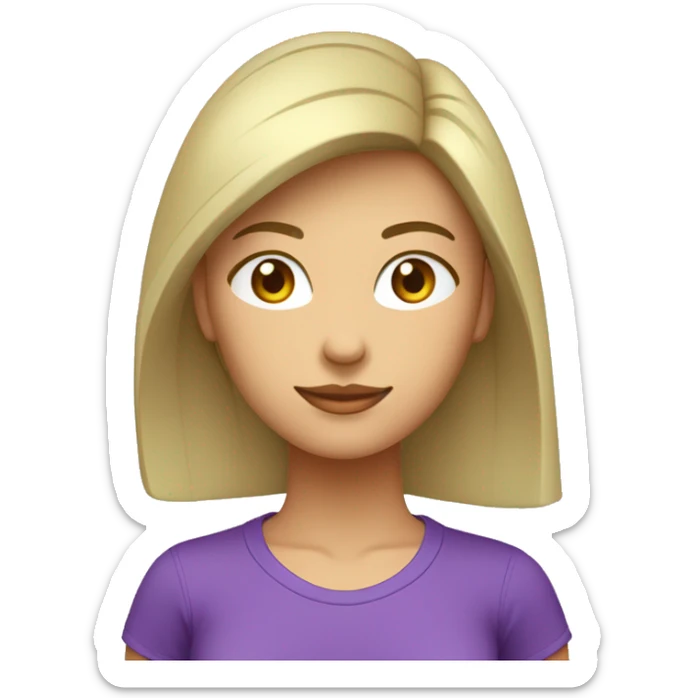 Femme aux cheveux longs châtains lisse avec peau claire avec les yeux verts et avec un t-shirt violet sticker