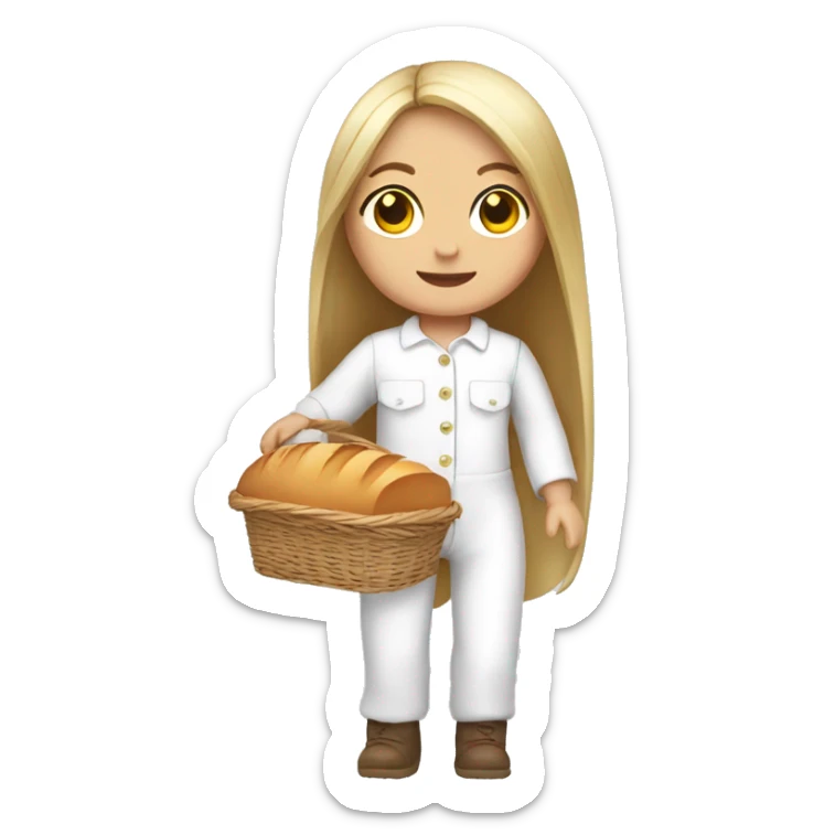cute white doll, with jumpsuit, white shirt in it, long straight hair, holding a bread basket sticker