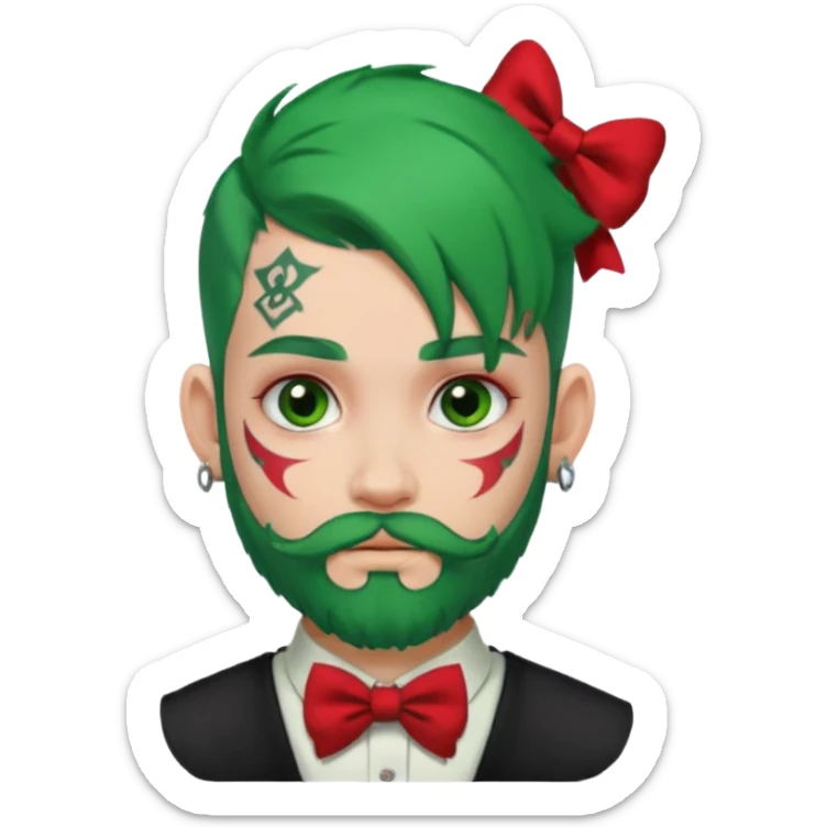 boy with bangs and green hair and red hairbow on side and earrings and very heavy face tattoos and beard sticker